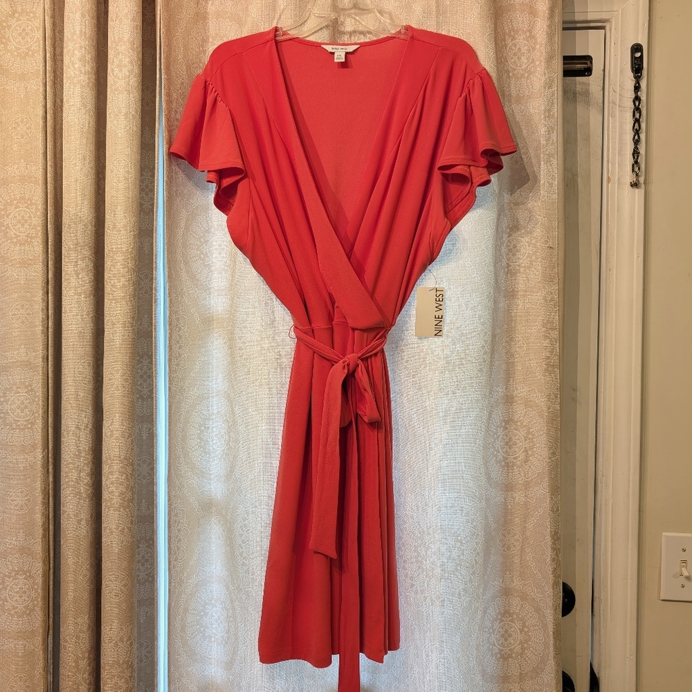 NWT Nine West Melon Colored Cross Front Dress W/ Fly Away Sleeve/ Tie Belt, XXL